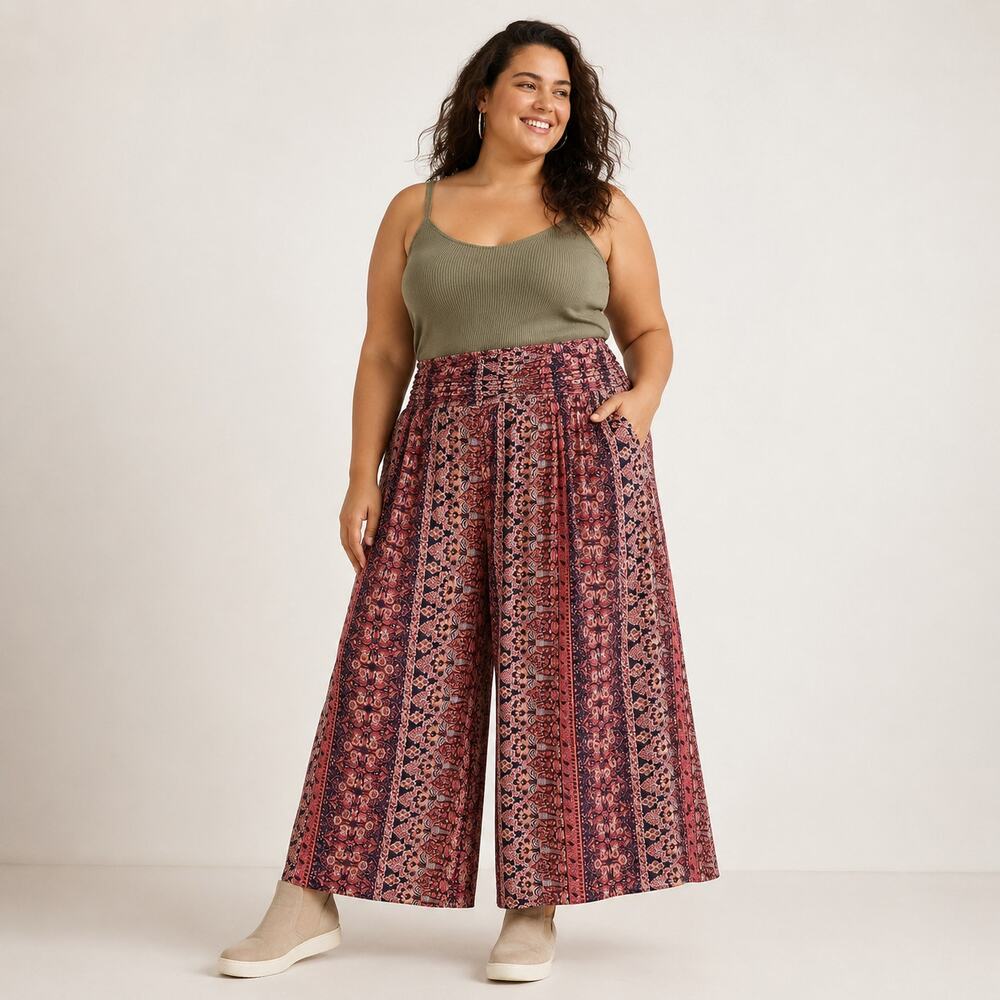 Anthropologie Aria Pleated Lounge Pants Boho Paisley Extreme Wide Leg Size 1X